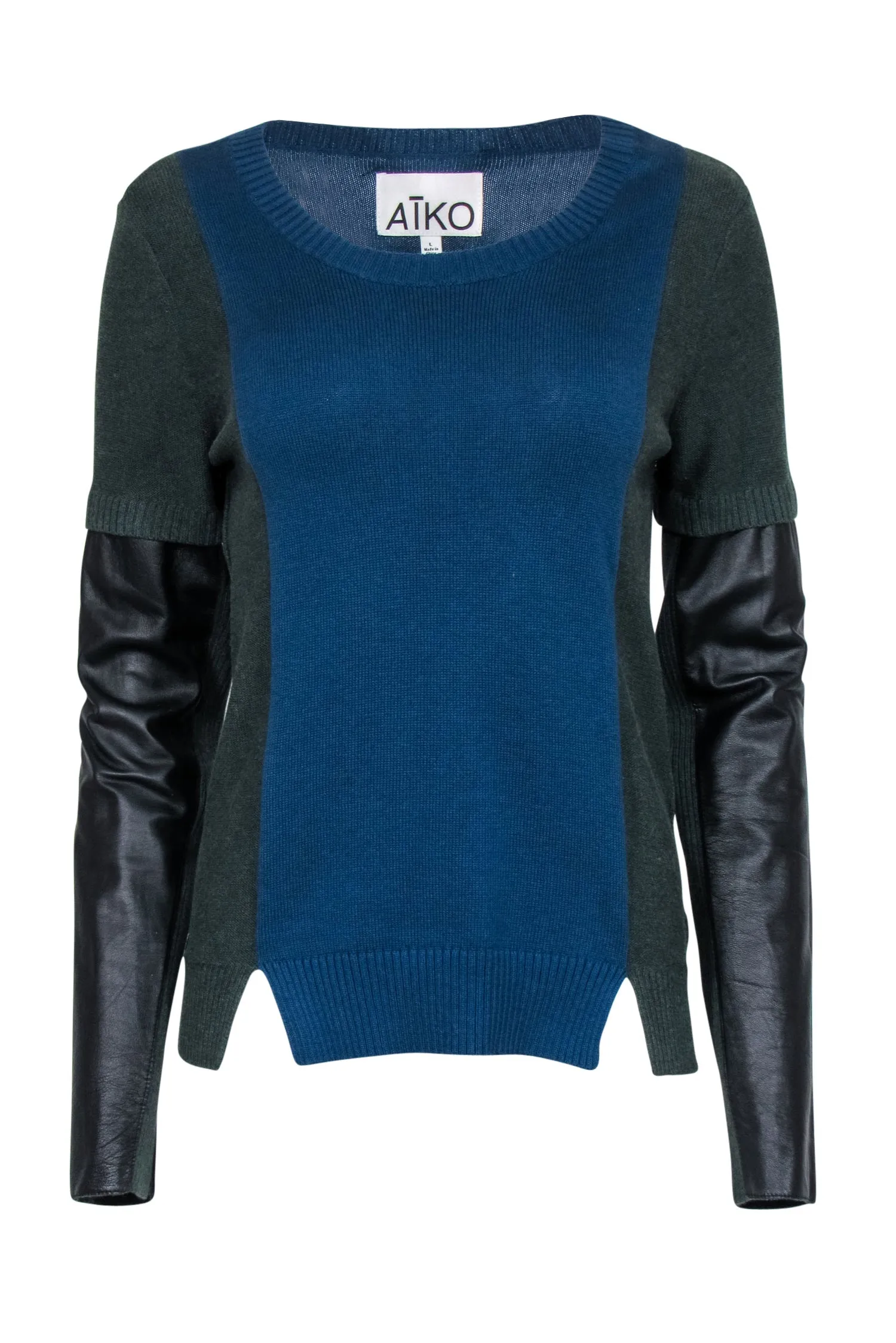 Aiko - Blue & Green Sweater w/ Leather Sleeve Detail Sz L