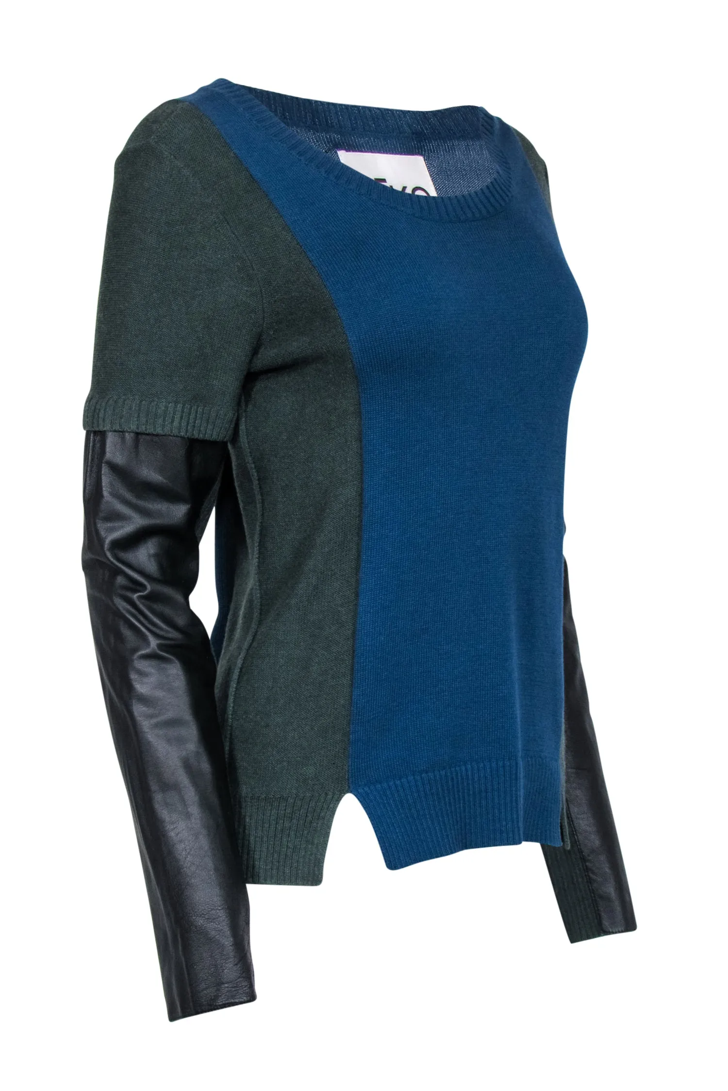 Aiko - Blue & Green Sweater w/ Leather Sleeve Detail Sz L