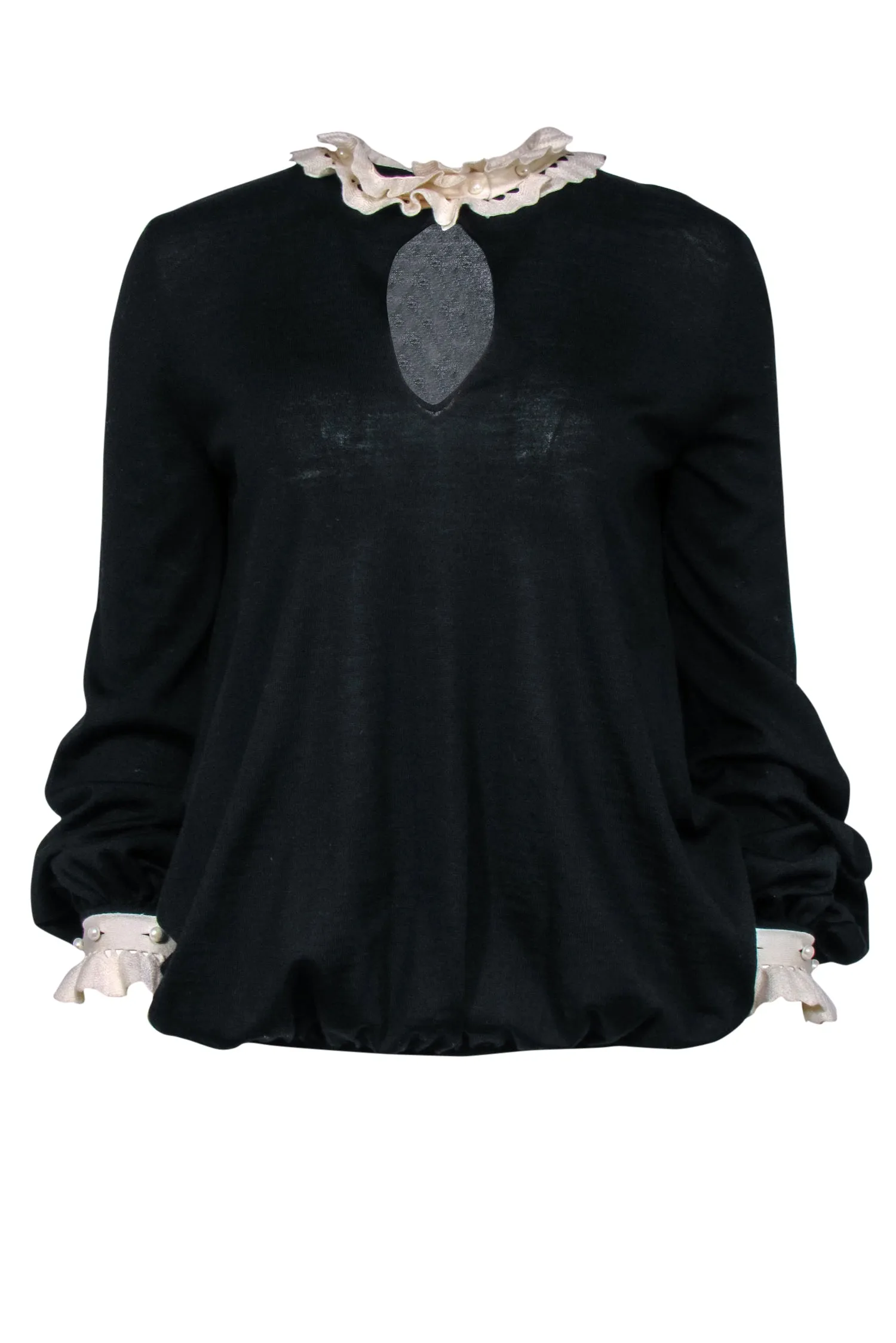 Alexander McQueen - Black Wool Sweater w/ Ruffle Trim Sz M