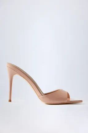 Almond-Toe Heeled Mules in Patent Pink