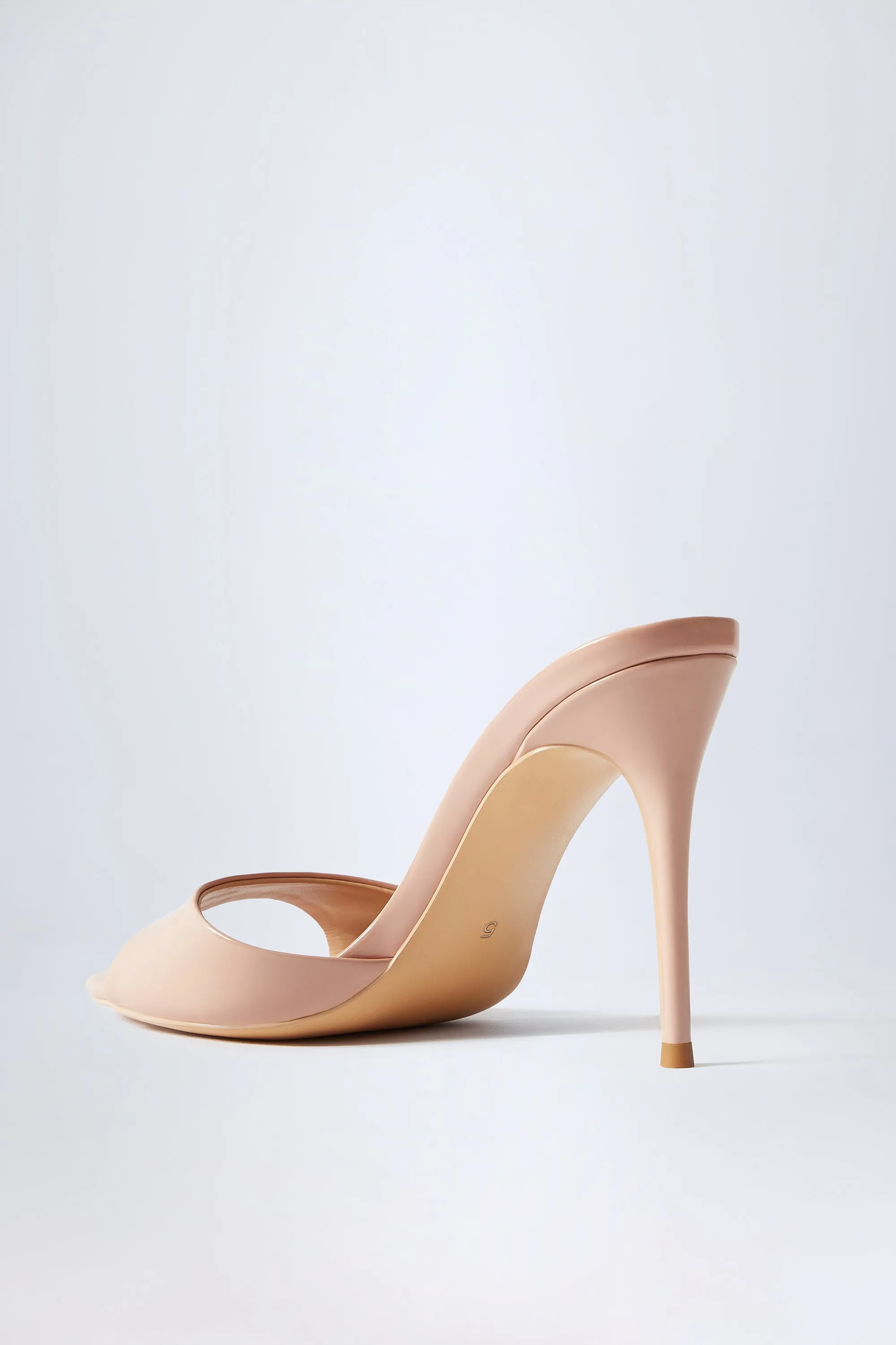 Almond-Toe Heeled Mules in Patent Pink