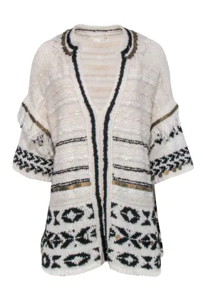 Anthropologie - Ivory & Black Tunic Sweater w/ Fringe & Embellished Trim Sz XS/S