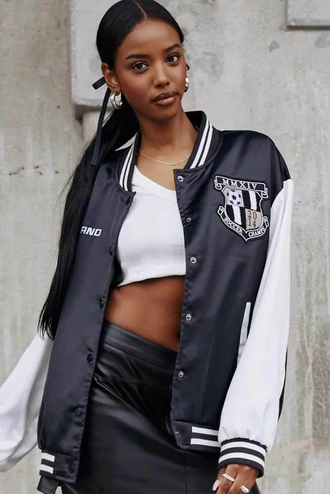 Ardene Ardene England Satin Varsity Jacket in Black | Size | Polyester