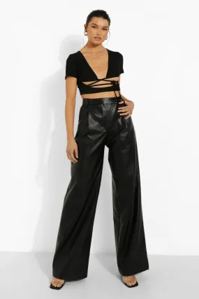 Asymmetric Wide Leg Faux Leather Pants