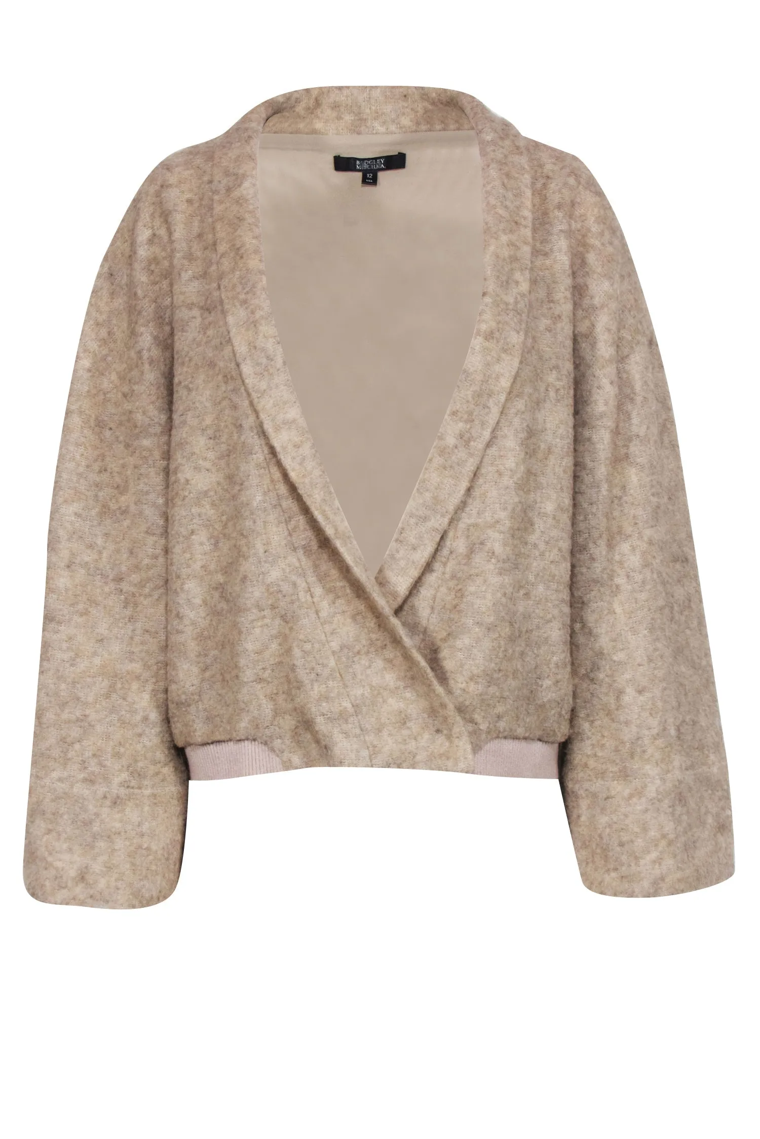 Badgley Mischka - Beige Wool Blend Faux Wrap Sweater w/ Bell Sleeve Sz 12