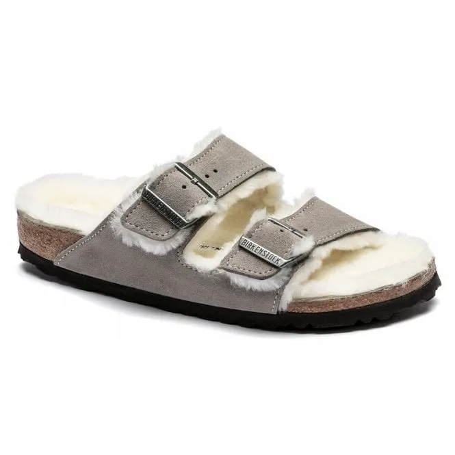 BIRKENSTOCK  Womens Arizona Shearling Stone Coin Suede Double Strap Buckle Mules 1017402