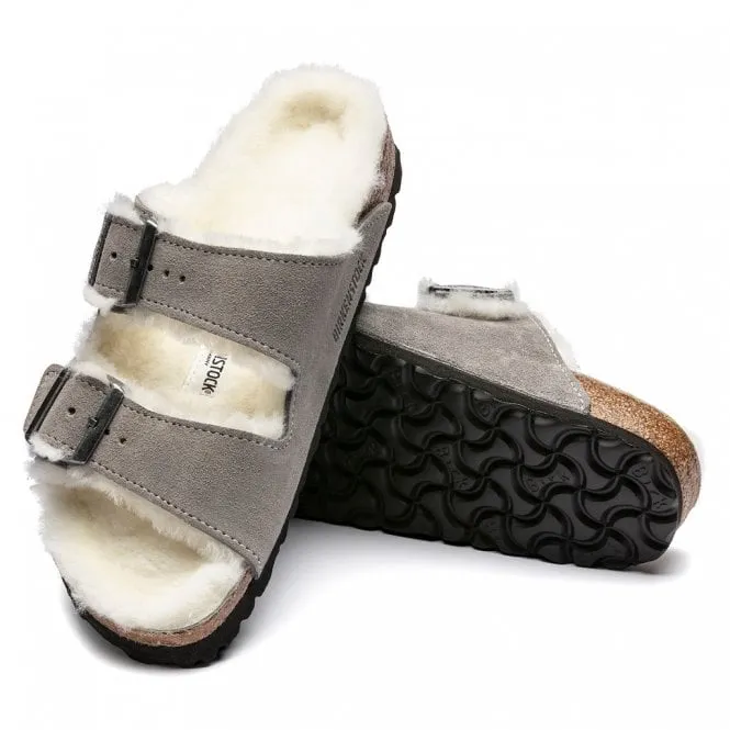 BIRKENSTOCK  Womens Arizona Shearling Stone Coin Suede Double Strap Buckle Mules 1017402