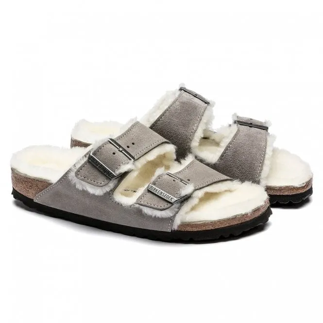 BIRKENSTOCK  Womens Arizona Shearling Stone Coin Suede Double Strap Buckle Mules 1017402