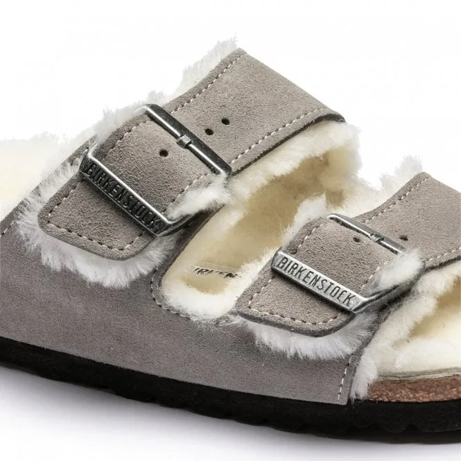 BIRKENSTOCK  Womens Arizona Shearling Stone Coin Suede Double Strap Buckle Mules 1017402