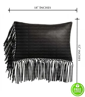 BLACK LEATHER PILLOW WITH FRINGE