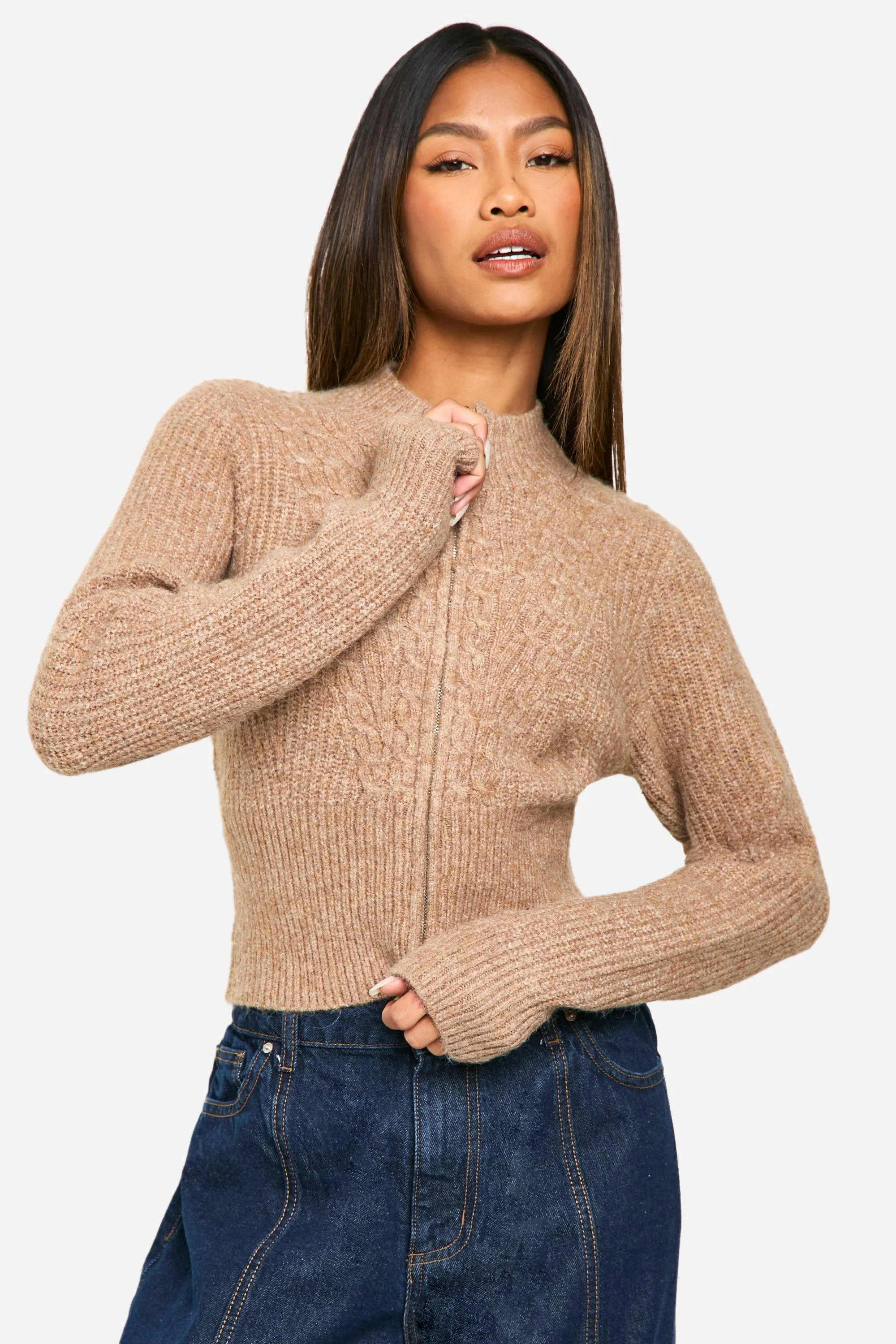 Cable Knit Zip Up Fitted Cardigan