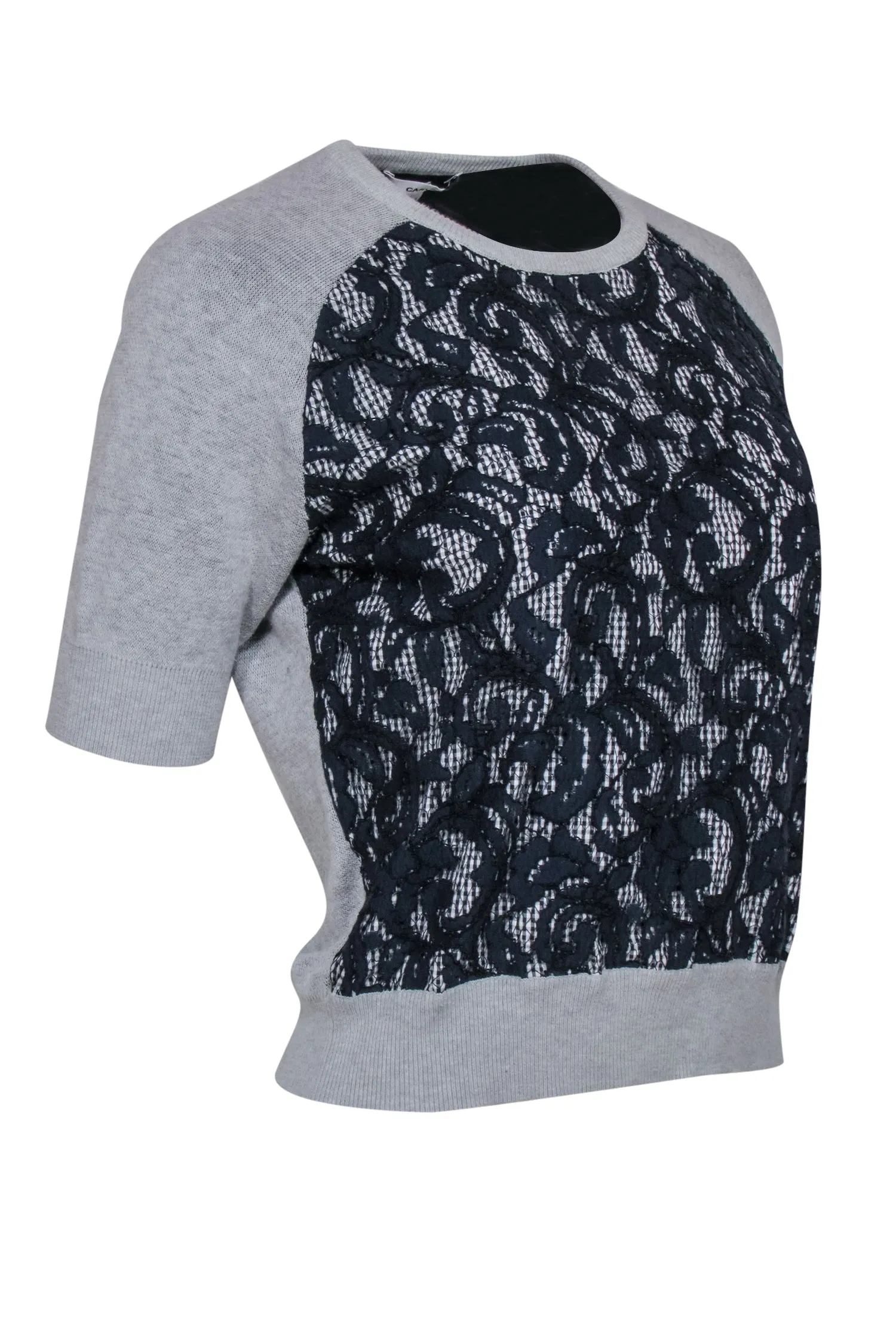 Carven - Light Grey Short Sleeve Sweater w/ Navy Lace Detail Sz M