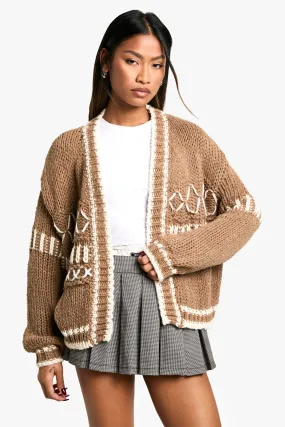 Chunky Knitted Contrast Stitch Cardigan