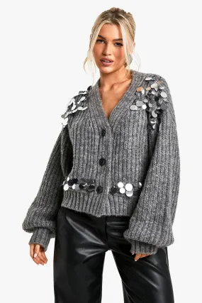 Chunky Knitted Sequin Disk Detail Cardigan