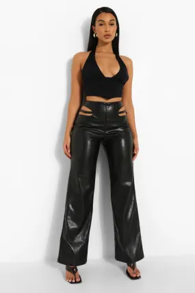 Cut Out Detail Wide Leg Faux Leather Pants