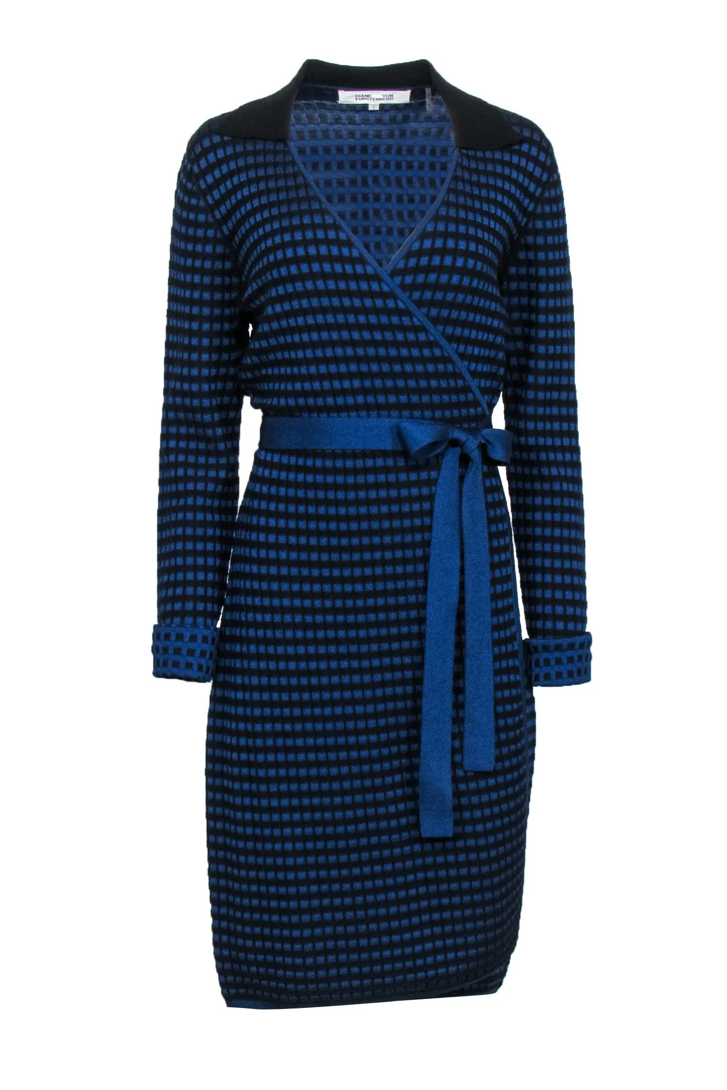 Diane von Furstenberg - Blue & Black Long Sleeve Wrap Sweater Dress Sz L