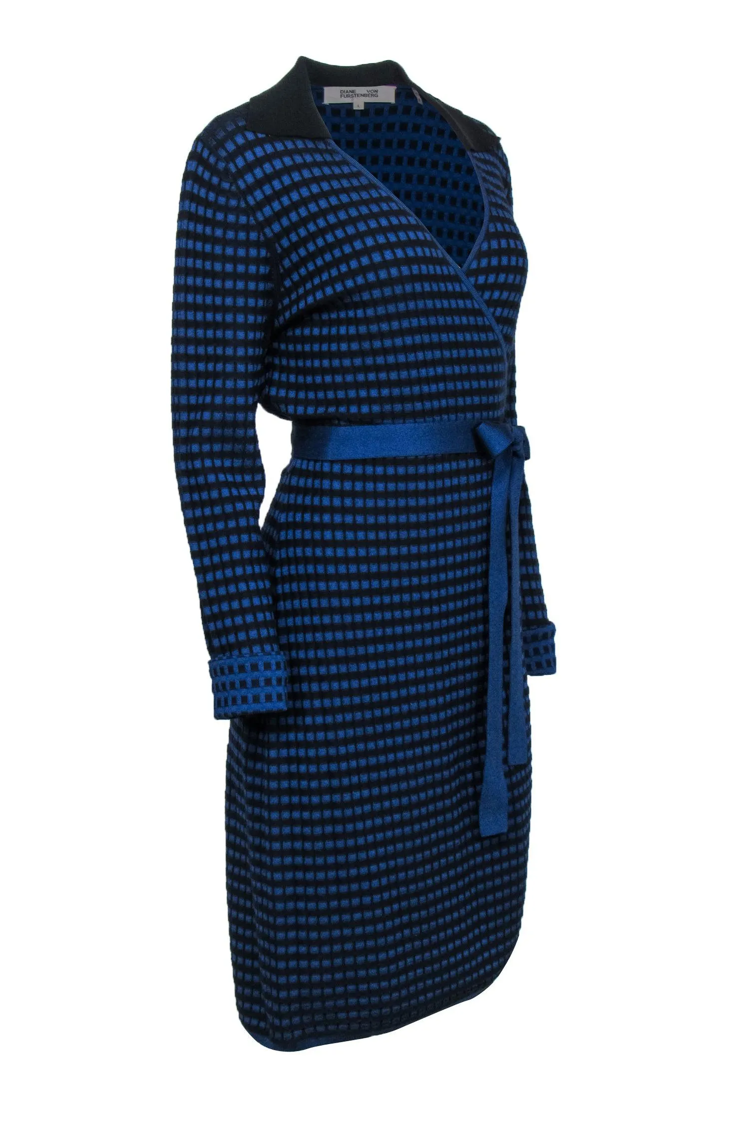 Diane von Furstenberg - Blue & Black Long Sleeve Wrap Sweater Dress Sz L