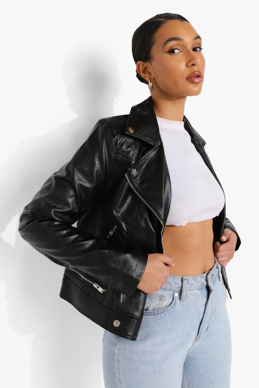 Faux Leather Moto Jacket With Quilt Detail