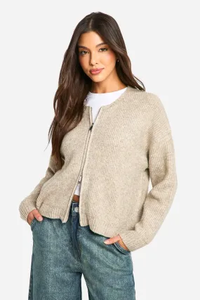 Fluffy Knitted Zip Up Bomber Cardigan