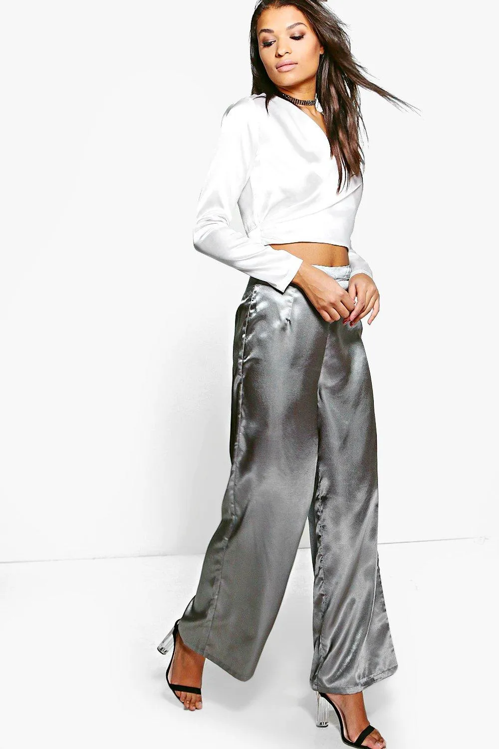 Grace Satin Wrap Top & Wide Leg Pants Two-Piece