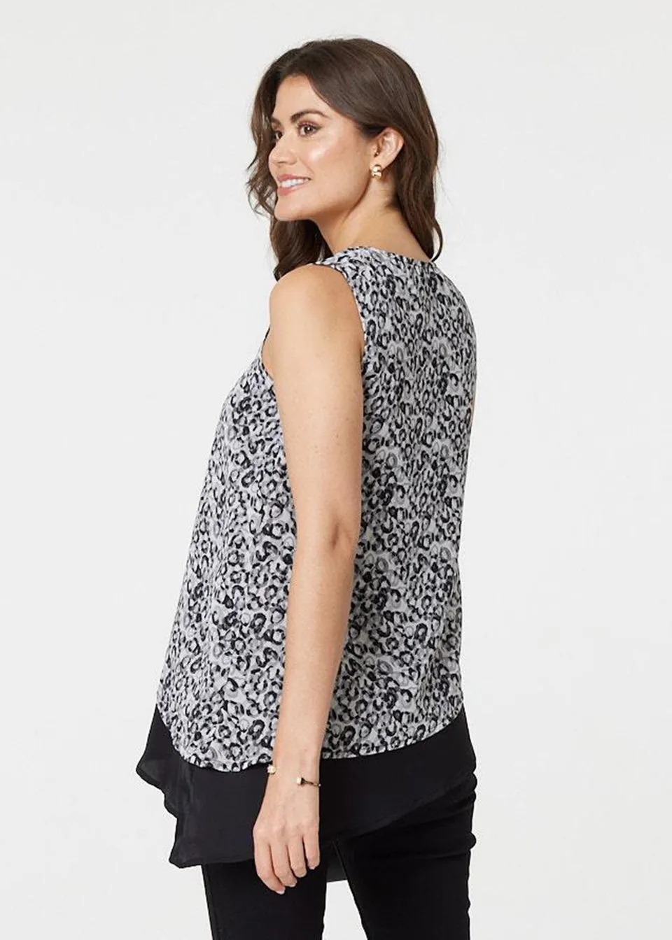 Izabel London Black Printed Asymmetric Sleeveless Tunic Top