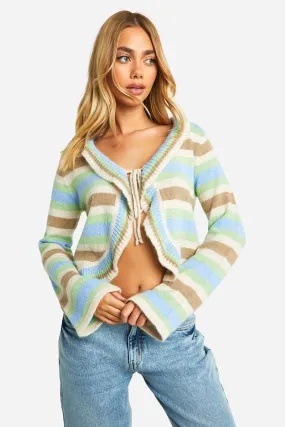 Knitted Striped Flare Sleeve Tie Front Cardigan