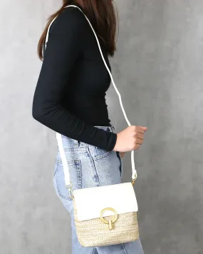 Laura Vegan Leather Mini Straw Crossbody Hand Bag Purse in Ivory