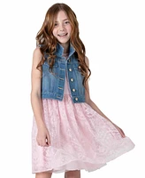 Macy's Rare Editions Big Girls Denim Vest and Embroidered Dress Outfit, 2 Pc