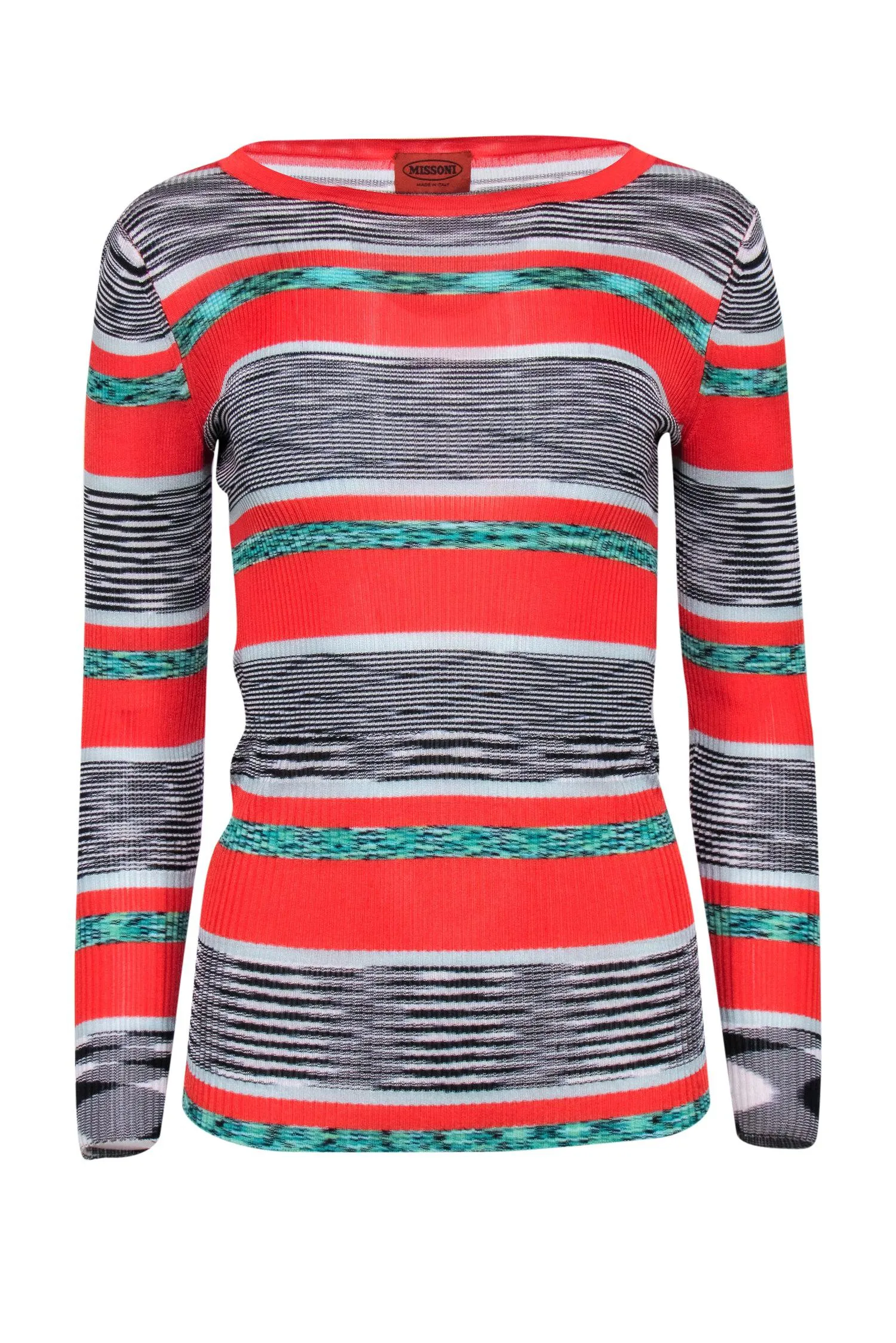 Missoni - Red, Black, & White Knit Sweater w/ Classic Striped Design Sz M