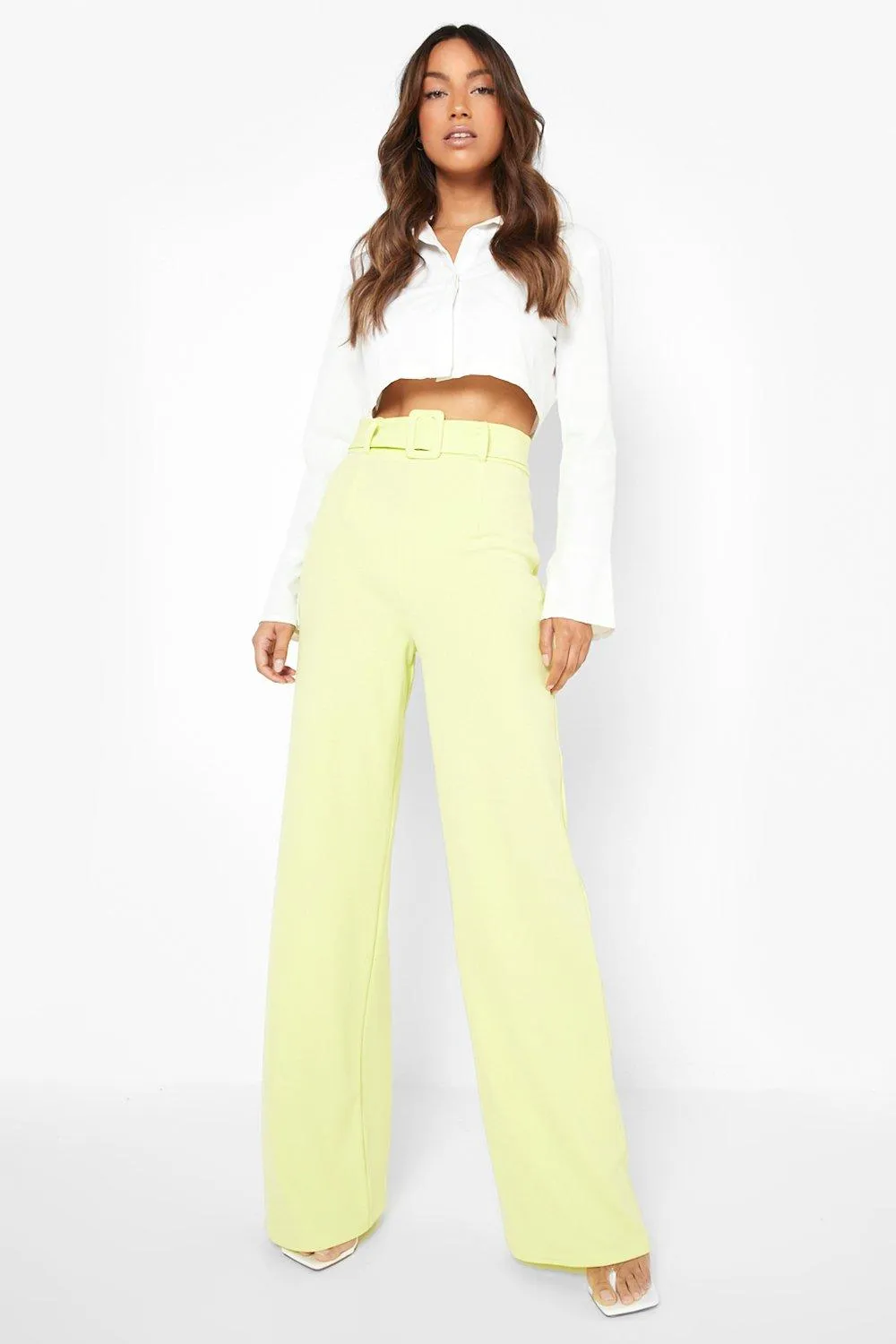 Neon Belted Wide Leg Crepe Pants