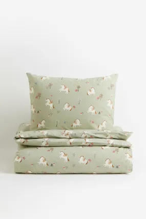 Patterned cotton duvet cover set - Light green/Unicorns - Home All | H&M GB