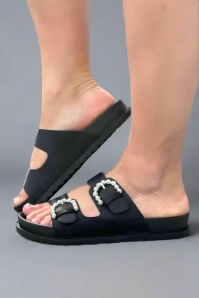 Pearl Buckle Double Strap Sandals - Black