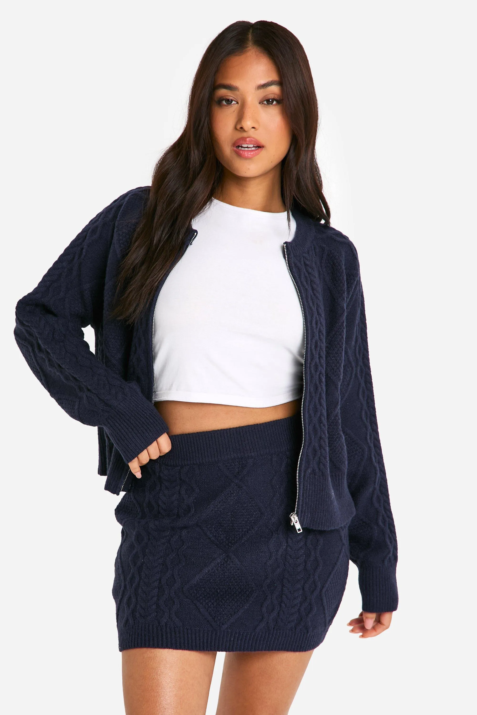 Petite Cable Knit Zip Through Cardigan And Mini Skirt Co-ord