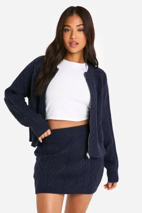 Petite Cable Knit Zip Through Cardigan And Mini Skirt Co-ord