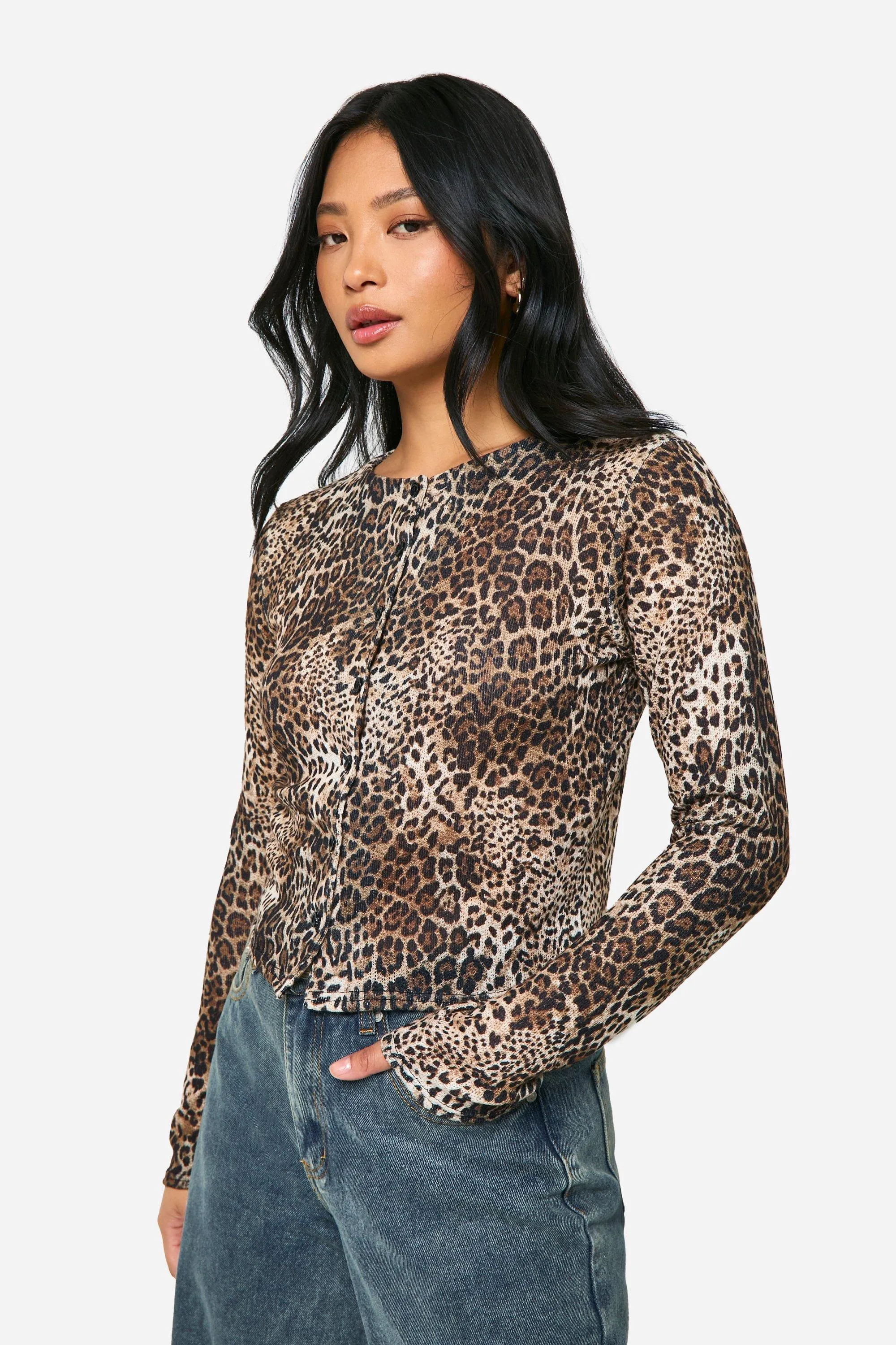 Petite Leopard High Neck Cardigan