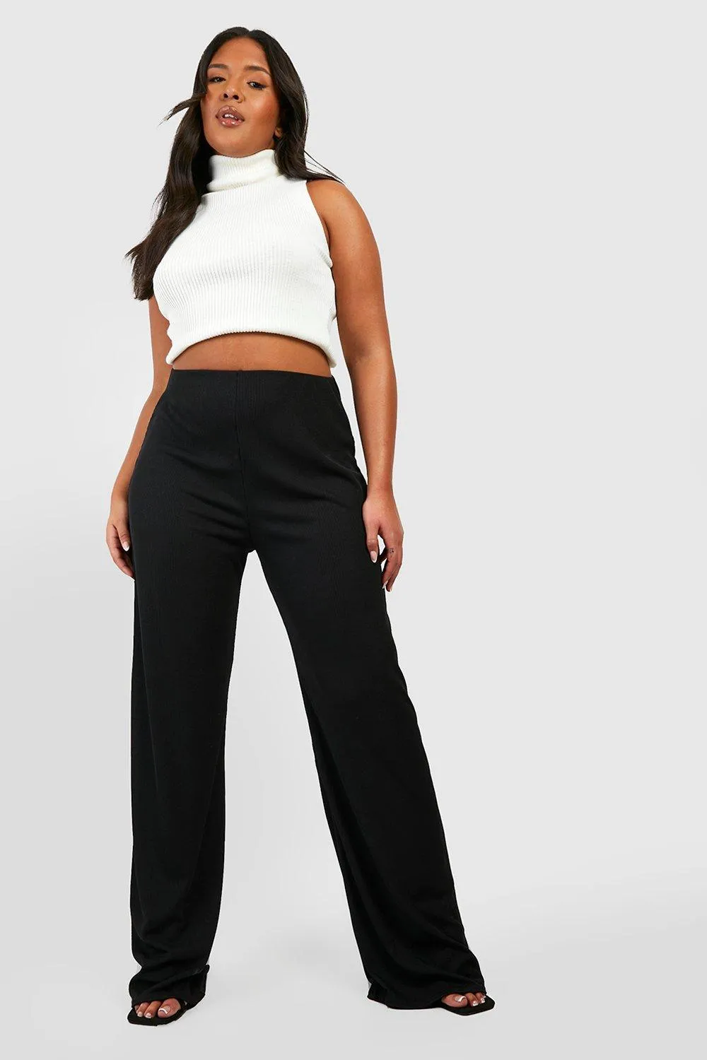 Plus Basic Ribbed Full Length Wide Leg Pants