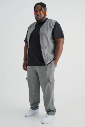 Plus Herringbone Utility Vest And Cargo Trouser Set | boohooMAN UK