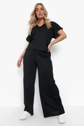 Plus Rib V Neck And Wide Leg Pants Two-Piece