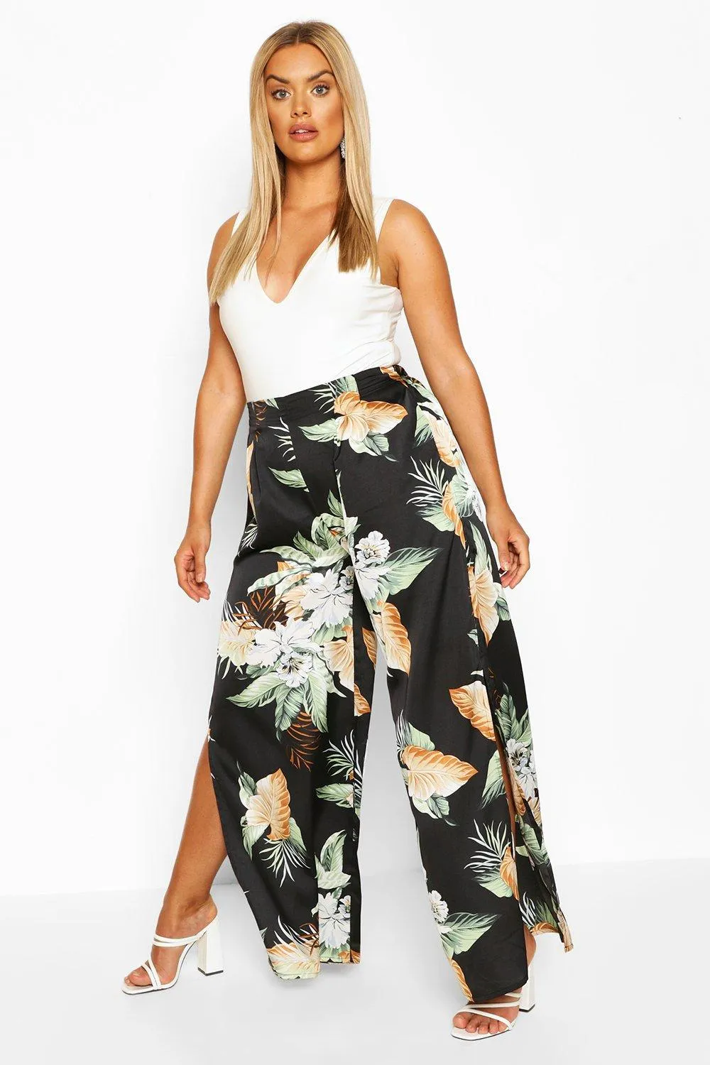 Plus Tropical Print Wide Leg Satin Pants