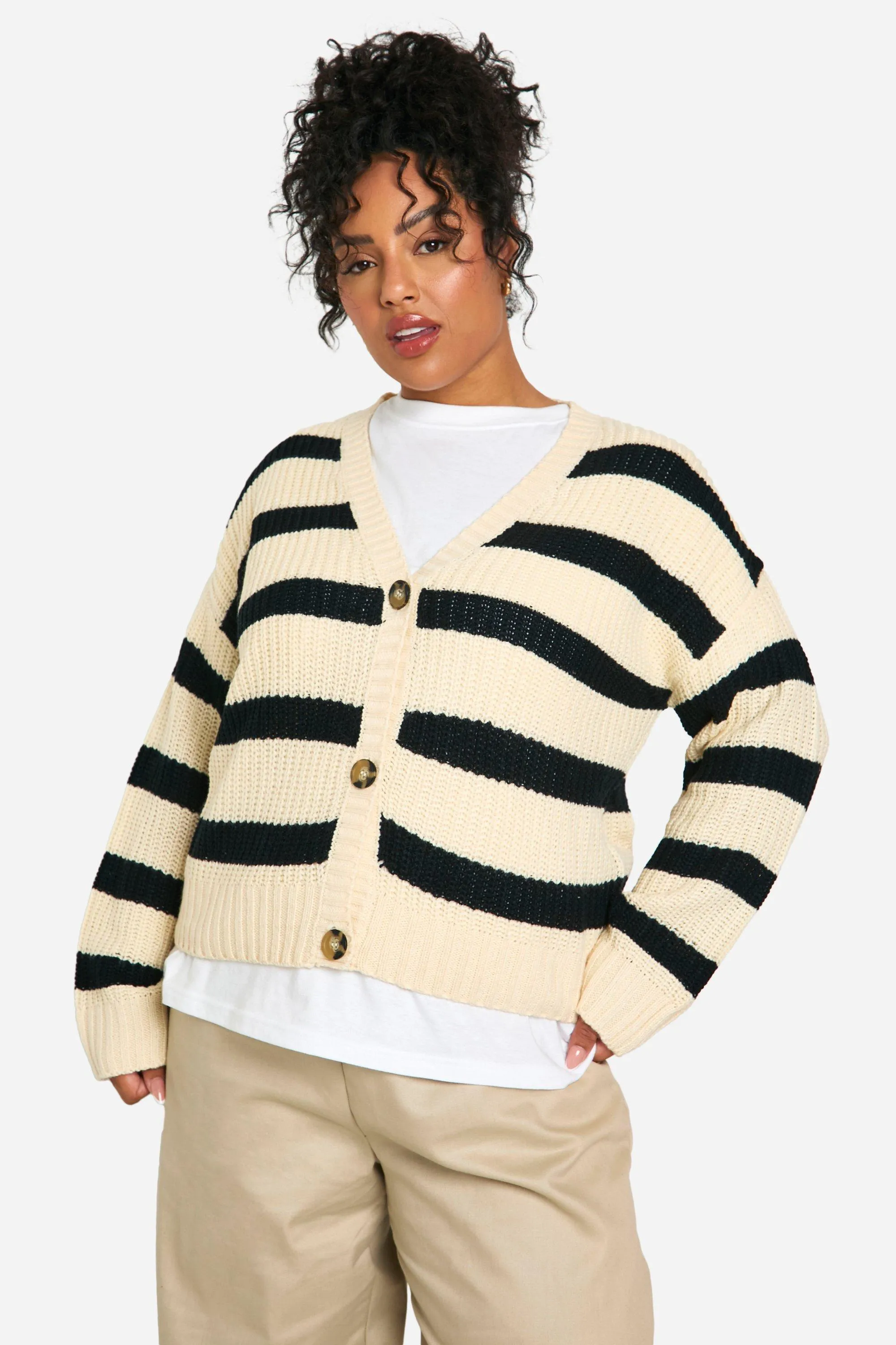 Plus V Neck Striped Cardigan