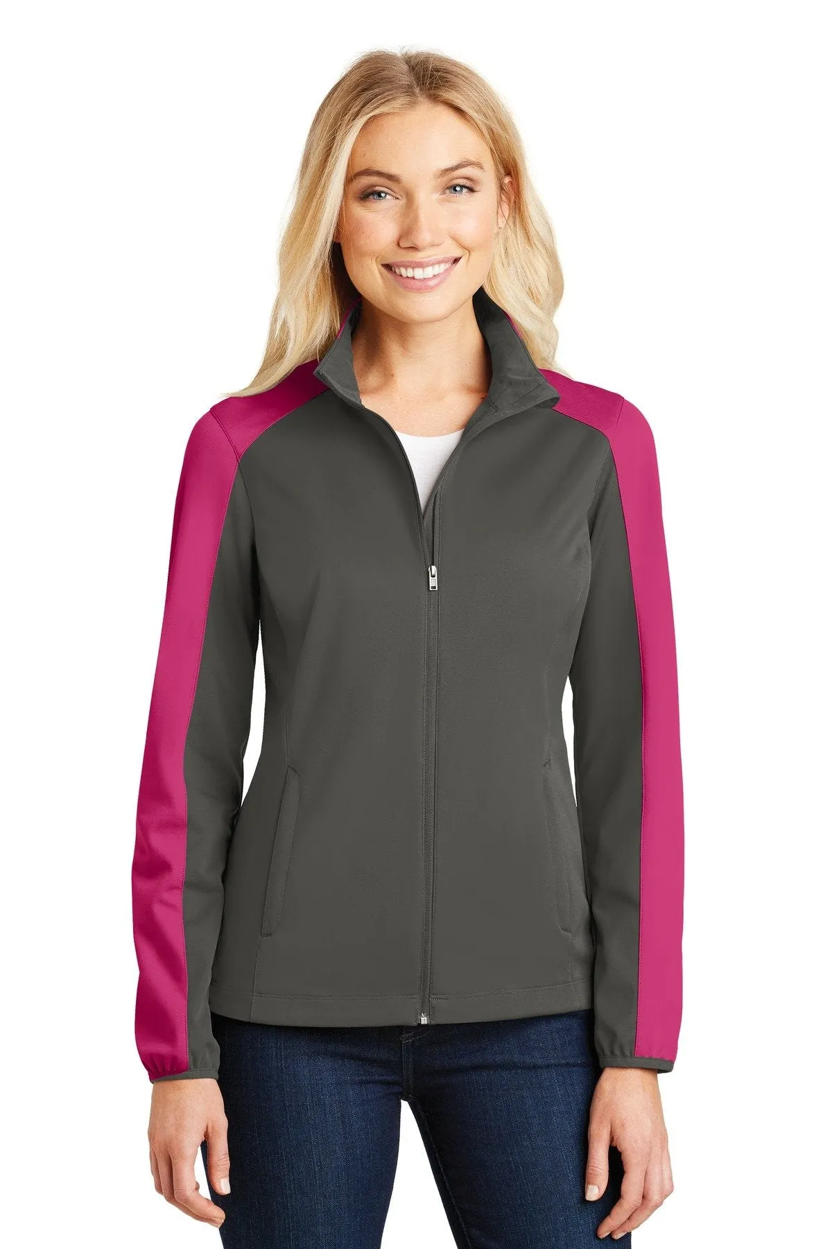 Port Authority Ladies Active Colorblock Soft Shell Jacket L718 Grey Steel/ Pink Azalea