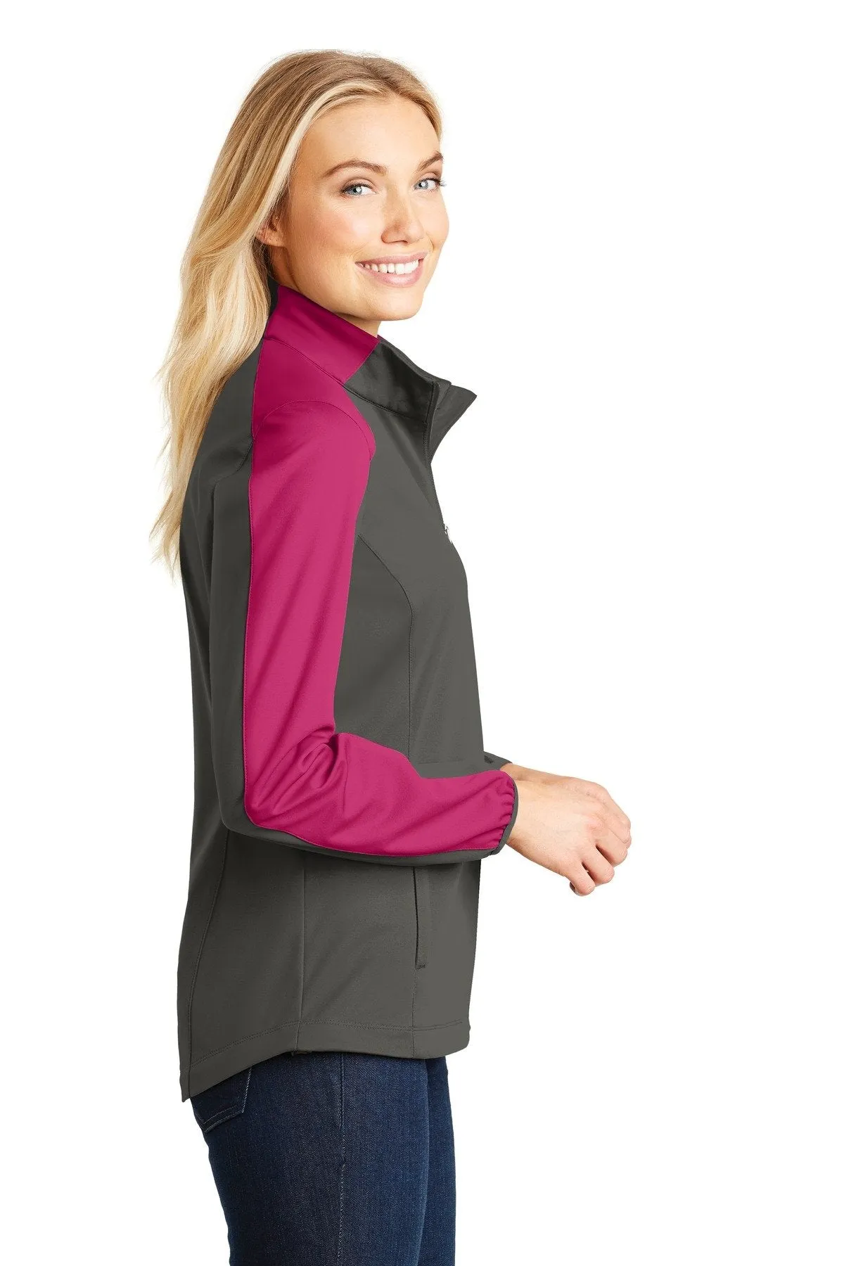 Port Authority Ladies Active Colorblock Soft Shell Jacket L718 Grey Steel/ Pink Azalea