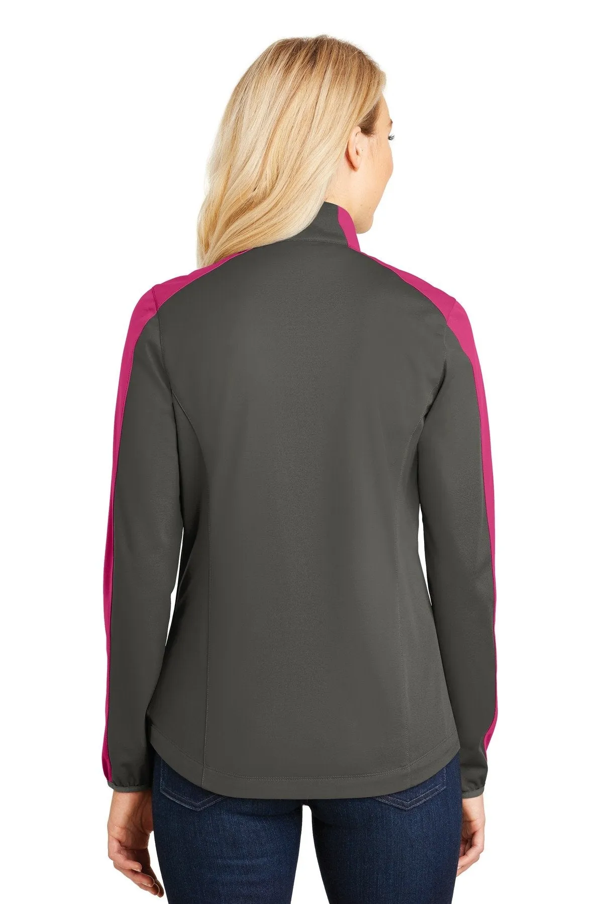 Port Authority Ladies Active Colorblock Soft Shell Jacket L718 Grey Steel/ Pink Azalea