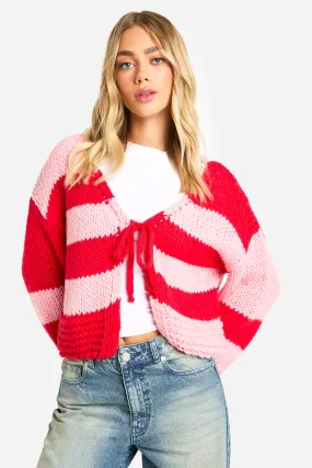 Premium Knitted Striped Tie Front Cardigan