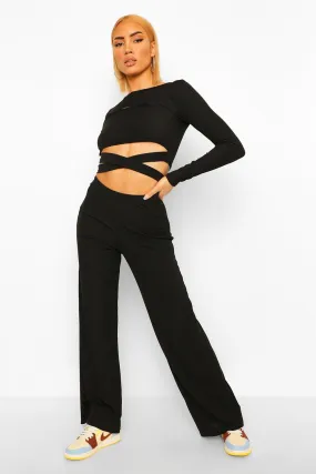 Rib Cut Outtop And Wide Leg Pants Two-Piece