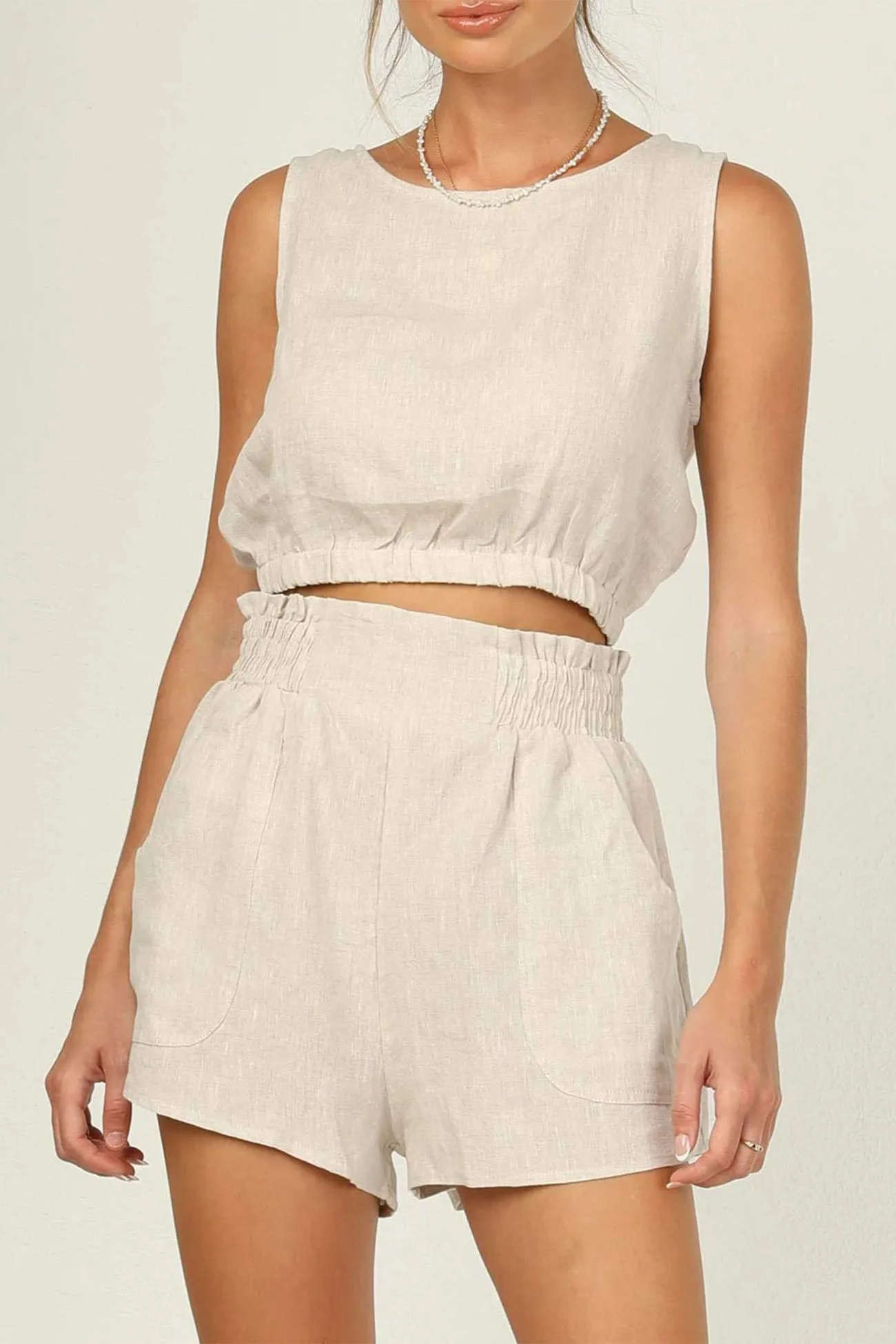 Solid Color Sleeveless Crop Top Shorts Set