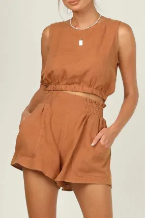 Solid Color Sleeveless Crop Top Shorts Set