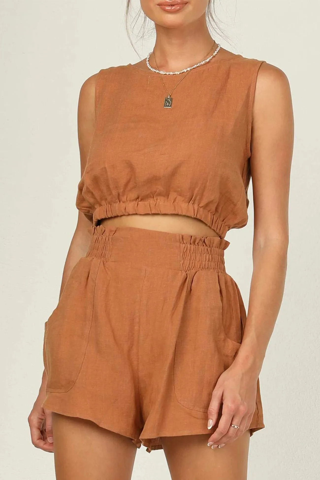 Solid Color Sleeveless Crop Top Shorts Set