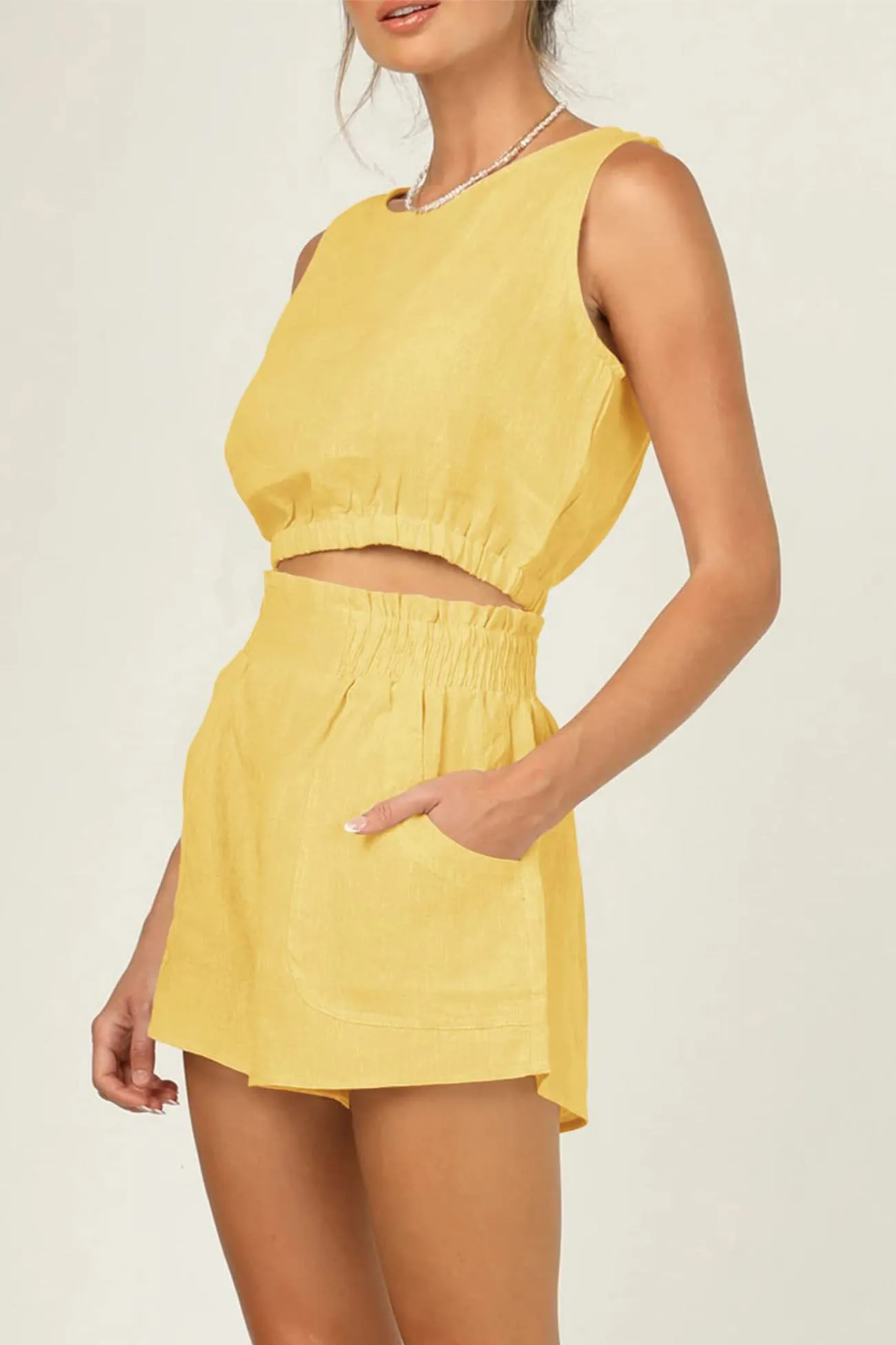 Solid Color Sleeveless Crop Top Shorts Set