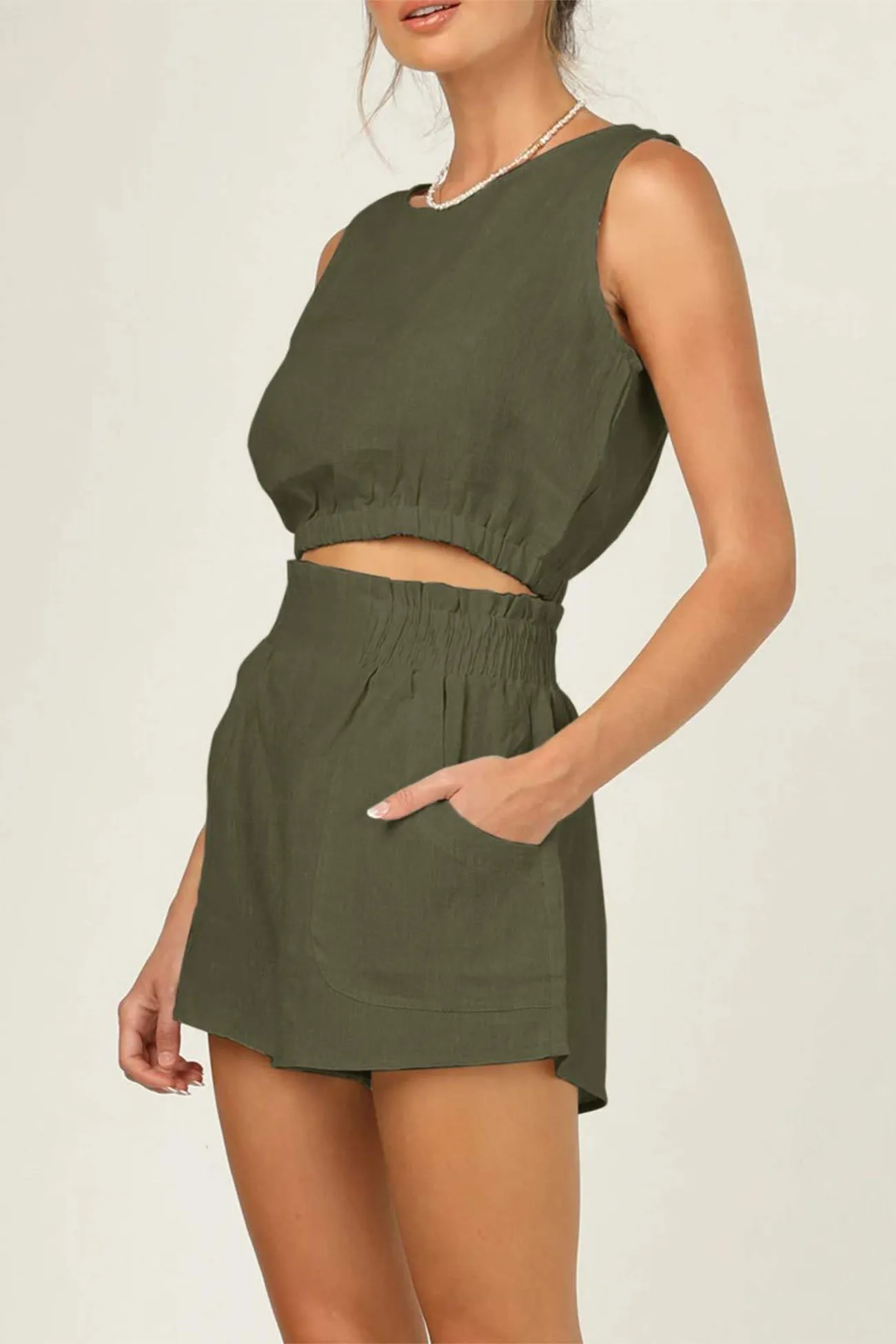 Solid Color Sleeveless Crop Top Shorts Set